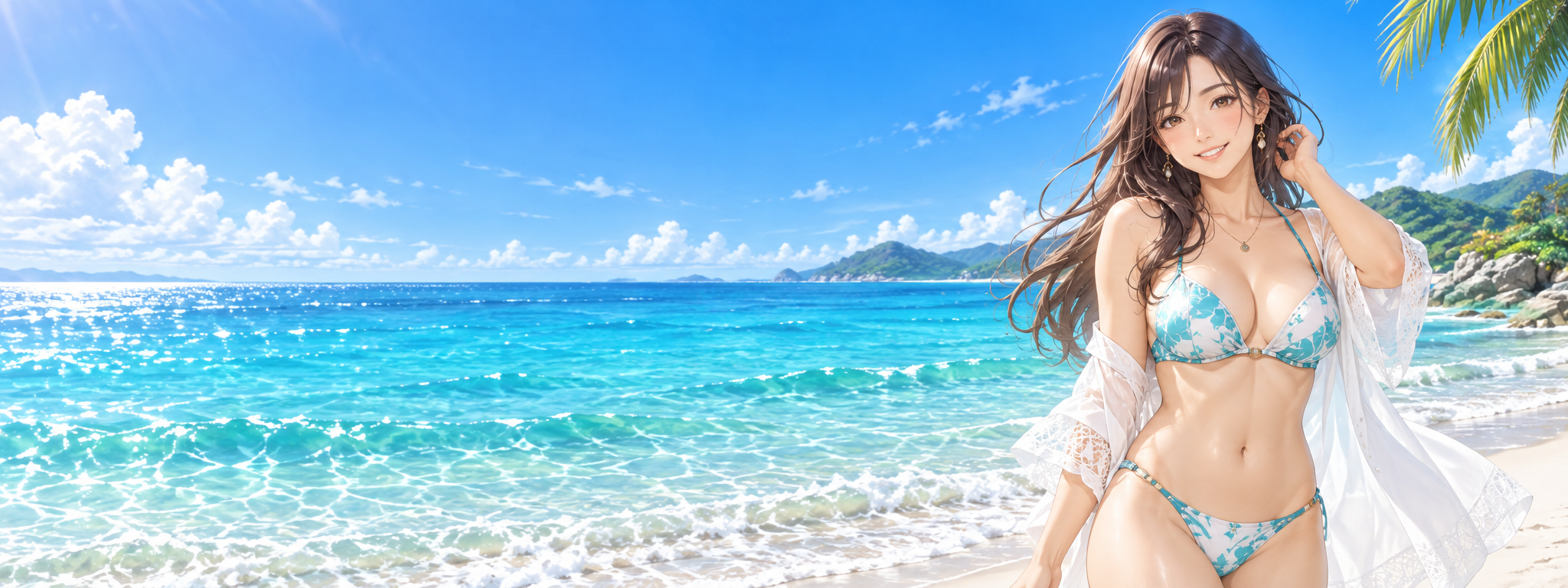 青い海と夏空を背景にした水着の成人女性のイラスト